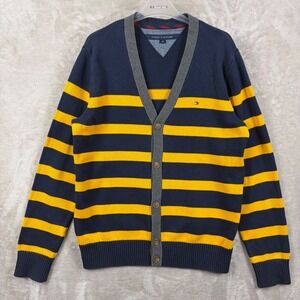 Tommy Hilfiger Mens Striped Cardigan Sweater Navy Yellow Grey Large Cottage Ski